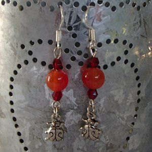 Gemstone Ladybugs Earrings Carnelian Beads  Red Crystals .925 Hooks Handcrafted
